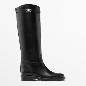 Massimo Dutti Black Leather Riding Boots with Removable Gold Detail Size 42